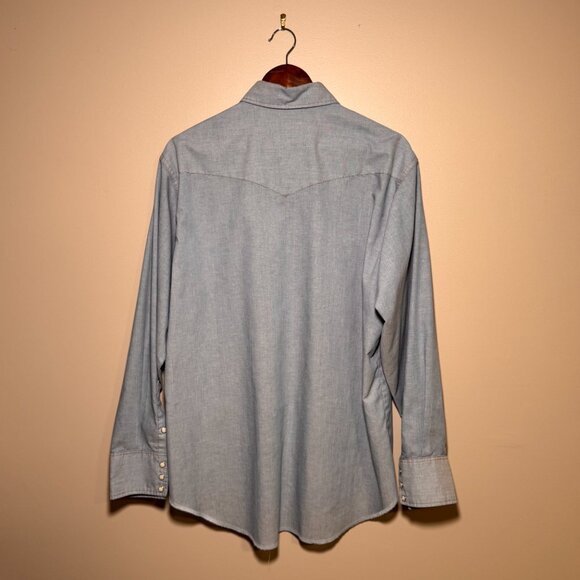 Wrangler Men’s Western Pearl Snap Chambray Shirt 17-35 Light Blue X-Long Tails - Picture 2 of 8